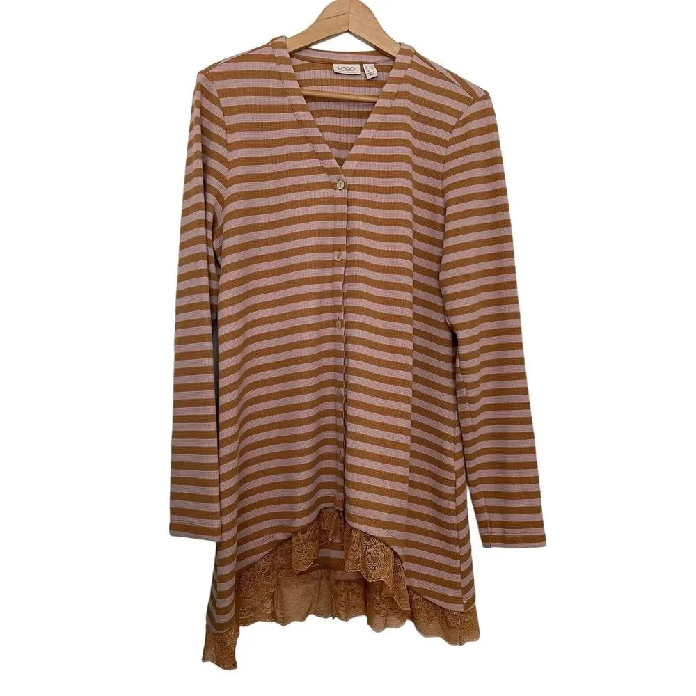 LOGO by Lori Goldstein Waffle Knit Cardigan‎ Stripe Lace Trim Size Large